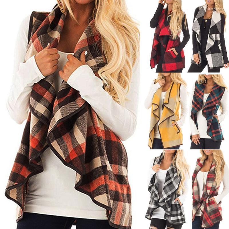 

Women' Vests Winter Fashion Womens Vest Plaid Sleeveless Lapel Open Front Cardigan Sherpa Jacket Pockets Female Jackets Kare22, Black