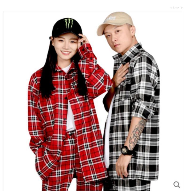 

Men' Casual Shirts Spring Hip-hop POPPIN Couple Logo Plaid ShirtMen' Eldd22, Black