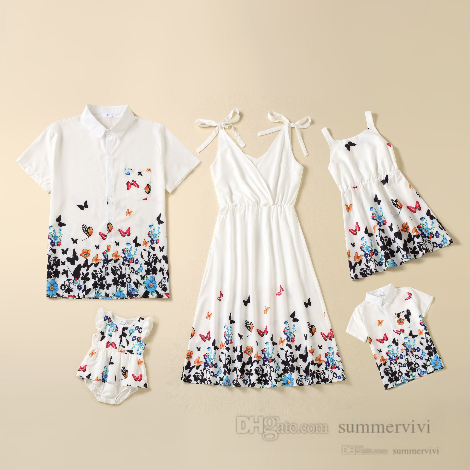 

Family matching outfits girls butterfly printed suspender dress boys lapel short sleeve shirt summer mommy and me clothing Q7456, As showed