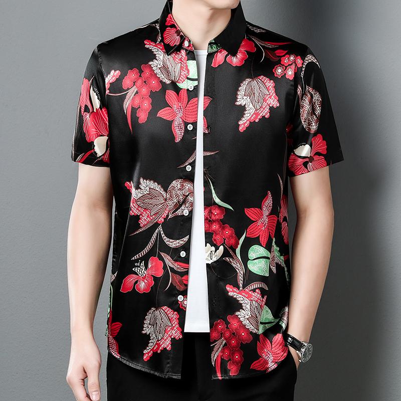 

Men' Casual Shirts Men' Flowers Silk 2022 Summer Fashion Printing Tops Male Floral Printed Soft Streetwear Short Sleeve Dress ShirtMen, Black