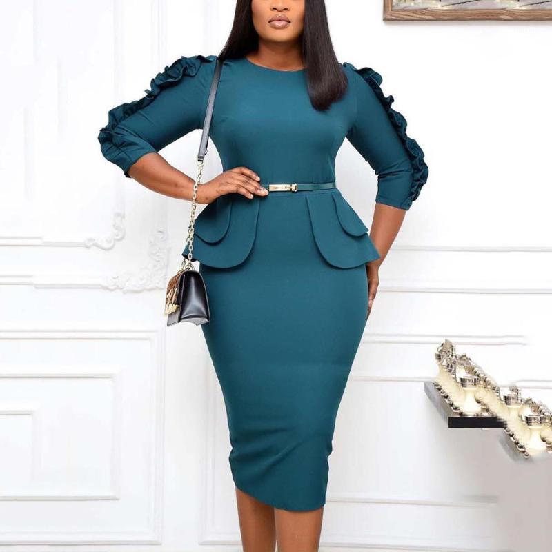 

Office Dresses For African Ladies 2022 Falbala Bodycon Mid Calf Elegant Formal Work Business Clothes Blue Midi Casual, Red dress