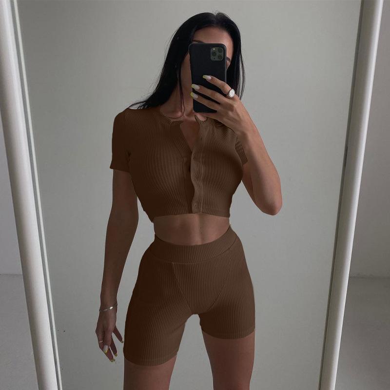 

Women's Tracksuits Summer Women's Solid Color Short Sleeve Cardigan Cropped Top And Shorts Sports Casual Two PieceWomen's Women'sWomen's, Coffee