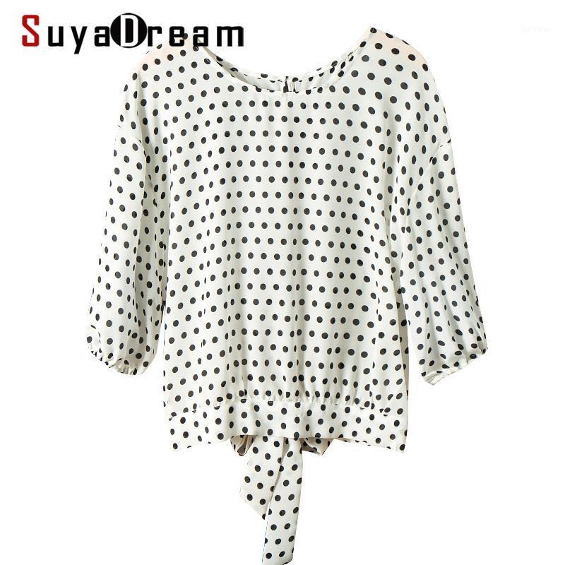 

SuyaDream Women Dots Printed Silk Blouse 100%Real Half Sleeved Drop Shoulder O Neck Blouses 2022 Summer Shirt Women's & Shirts, White