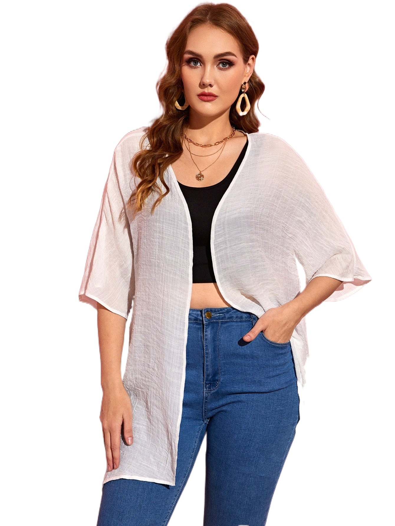 

plus Solid Open Front Kimono 36ma#, White