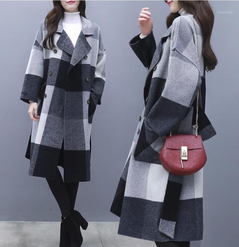 

Women' Wool & Blends 2022 Woolen Coats Female Spring Autumn Black White Plaid Contrast Color Trench Coat Blended Suit Collar Robe Overcoat, Coat 1