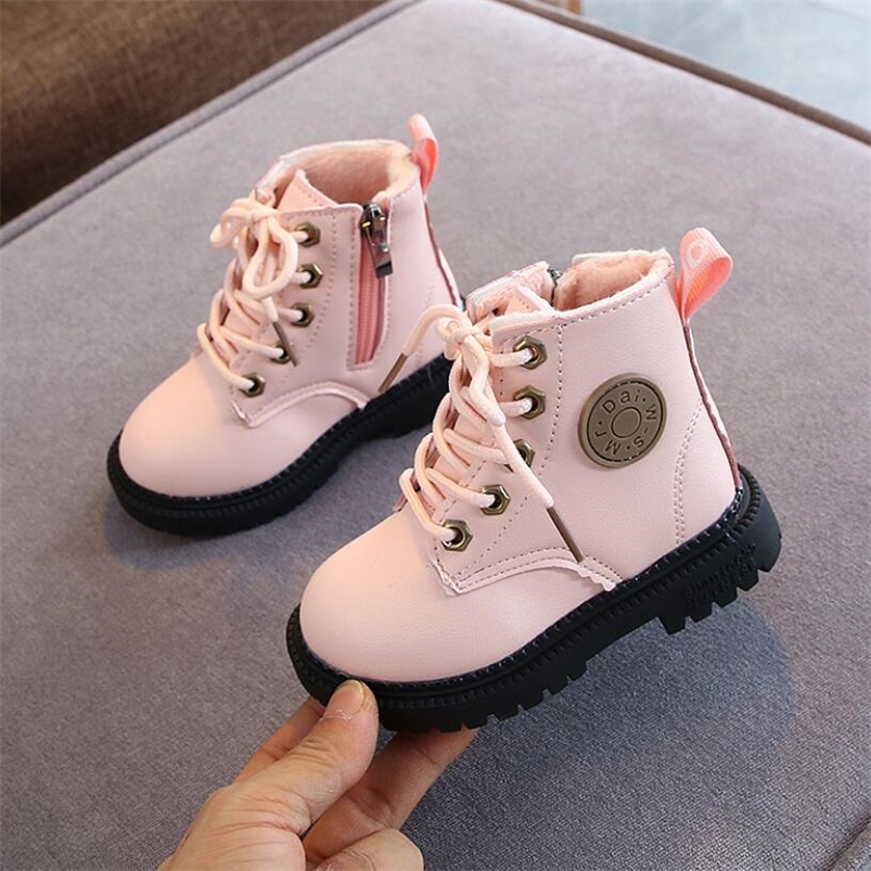 

Autumn/Winter Children Boots Boys Girls Leather Martin Boots Plush Fashion Waterproof Non-slip Warm Kids Boots Shoes 21-30 220816, Pink single