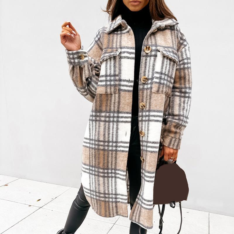 

Designer Womens wool Jackets Plaid Midi Long Coat Fashion Autumn Winter Sleeve Loose Pocket Ladies Casual Elegant Outwear, Black