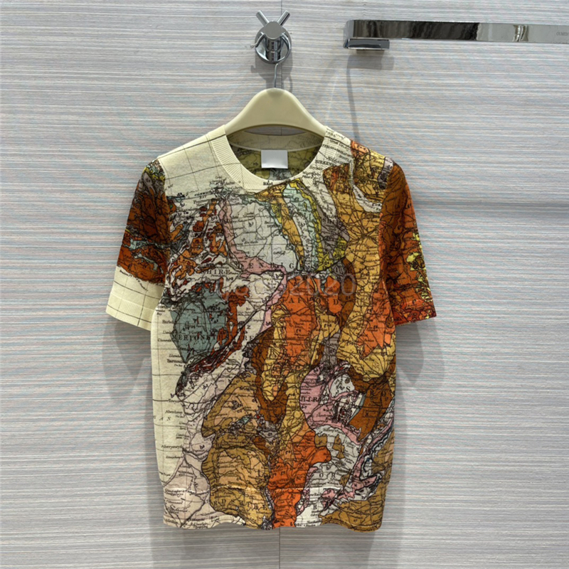 

2022 Women' Slim 100% Wool Tee Knits Designer Tops With Letter The Map Print Milan Runway Designer Crop Top T-shirt Clothing High End Elasticity Pullover Sweater, Multi