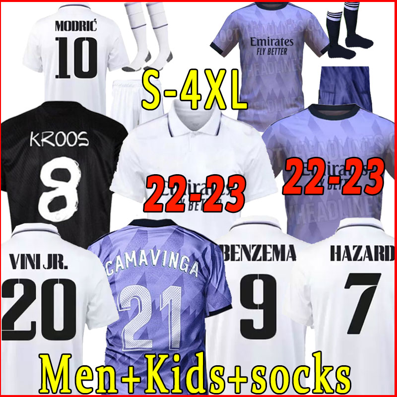 

S-4XL 21 22 23 BENZEMA soccer jerseys REAL MADRIDS HAZARD Courtois 1 MODRIC men kids kit Fans player version goalkeeper football shirt 2022 2023 KROOS Full set sock away, 22-23 away+patch