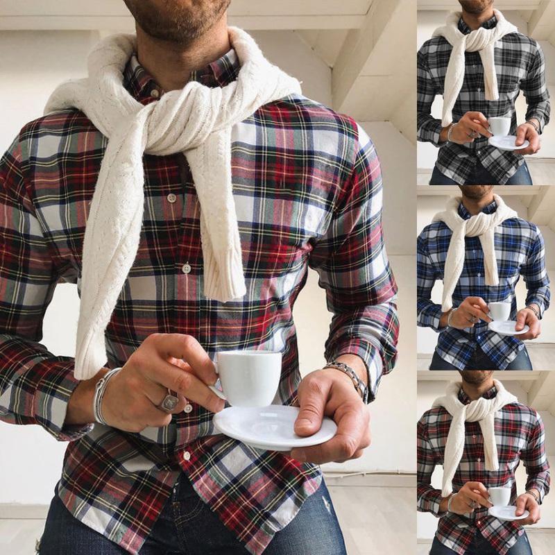 

Men' T-Shirts T Shirt For Men Plaid Long Sleeve Shirts Mens Clothing Streetwear Casual Turn-down Collar Slim Fit Tees Tops 2022, Hs