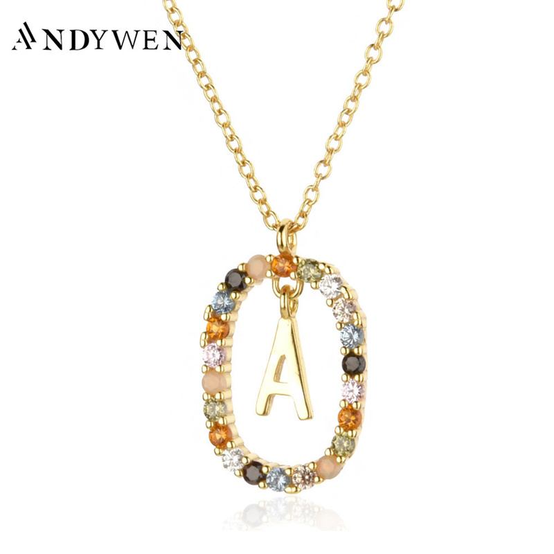 

ANDYWEN 925 Sterling Silver Gold Letters A - Z Initial M S C K Alphabet Pendente Long Chain Necklace Say My Name Fine Jewelry 0615