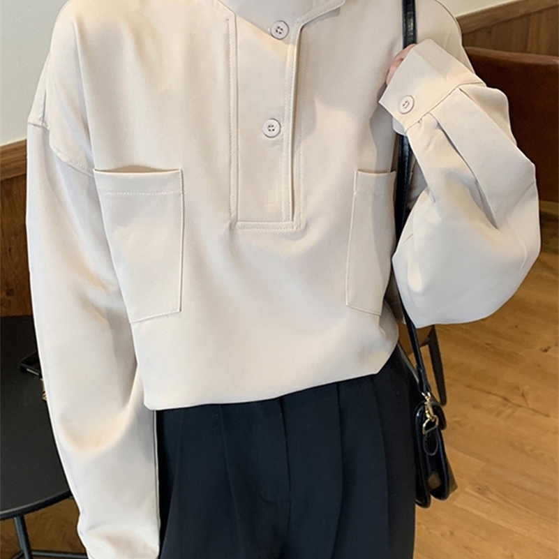 

Sungtin Casual Stand Collar Korean Blouse Shirt Women Vintage Loose Shirts Female Fashion Oversized Soft Tops Spring Pocket 220813, Black
