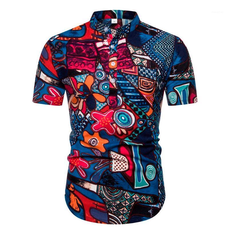 

Mens Shirt Vintage Ethnic Printed Hort Sleeve Stand Collar Casual Cotton Linen Printing Hawaiian Blouse Camisas Hombre Men's Shirts, Blue