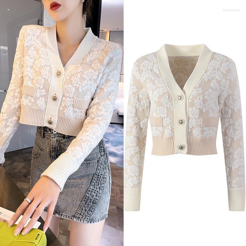 

Women' Knits & Tees Spring Autumn V-Neck Jacquard Knit Cardigan Cropped Top French Elegant Long Sleeves Sweater Women Pull Femme Perf22, Ivory