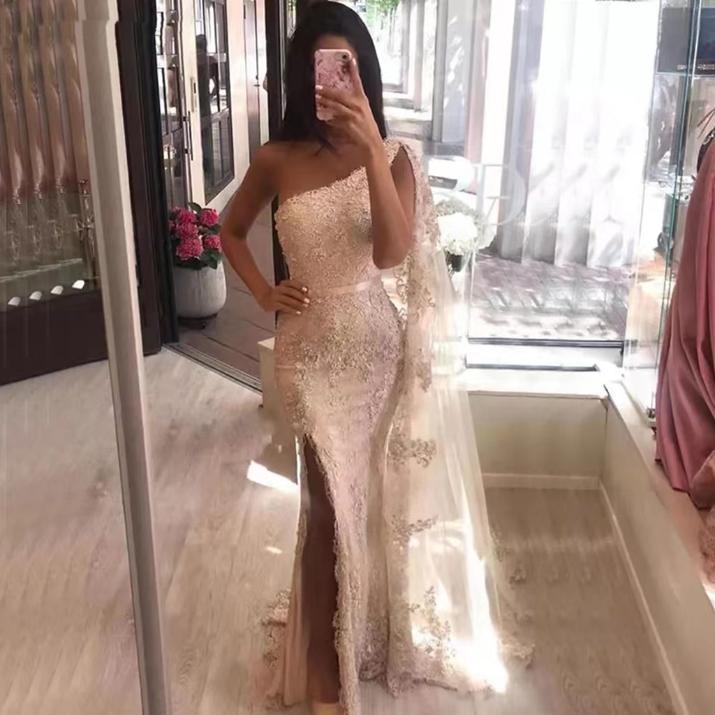 

Mermaid Evening Dresses Champagne Beads Appliques Side Slit One Shoulder Dubai Arabic Long Formal Prom Gowns Lace, Chocolate