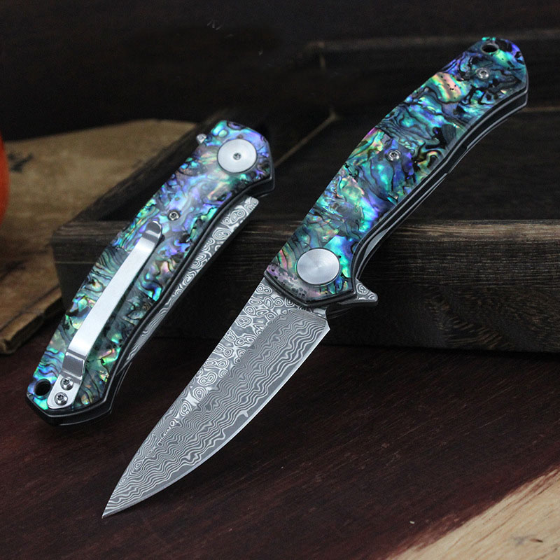 

R4020 Pocket Folding Knife 76 layers VG10 Damascus Steel Blade Blue Abalone shell Handle Ball Bearing Flipper Fast Open Knives