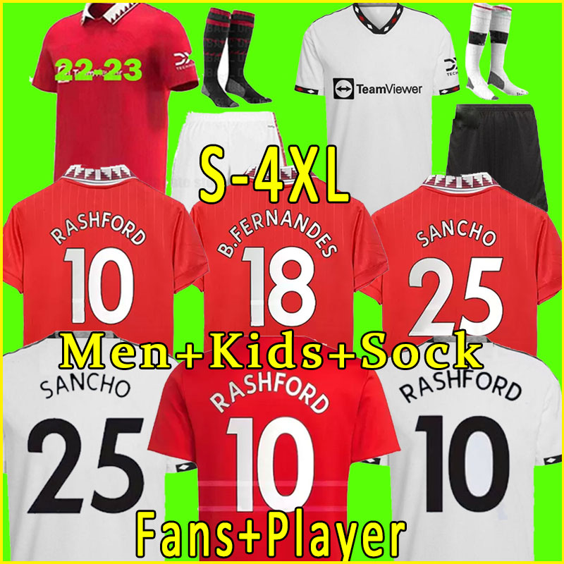 

S-4XL RONALDO Man 21 22 23 SANCHO soccer jersey Fans Player version united LINGARD POGBA FERNANDES RASHFORD man uTd football shirt 2022 2023 men kids kit sets AWAY THIRD, 22-23 away+patch