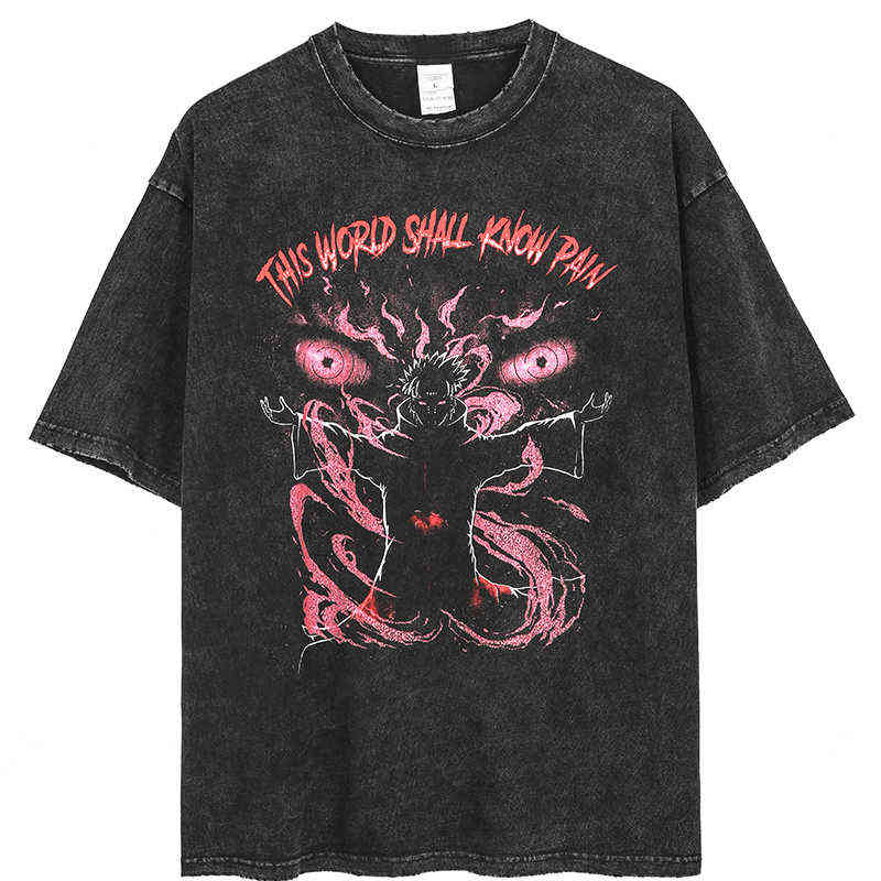 

Anime Pain Printed t Shirt Men Retro Washed 100% Cotton Tops Tees Harajuku Tshirt 2021 Streetwear Hip Hop Male T-shirts, Black
