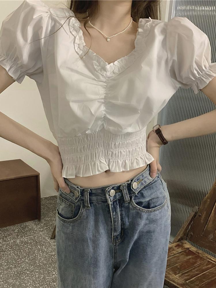 

Women's Blouses & Shirts Gathered White Blouse Women Summer Tops 2022 Chemise Femme Ruffled Trim V Neck Smocked Top Blusas Y CamisasWomen's, Black