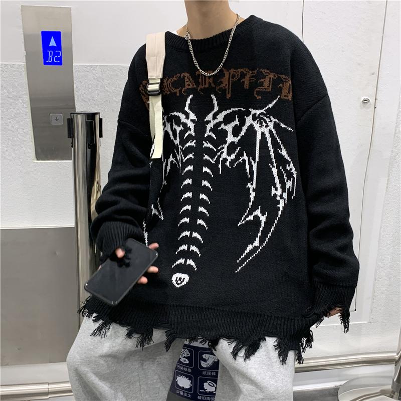 

Men's Sweaters Korean Fashion Hip Hop Streetwear Knit Sweater Gothic Letter Bat Skeleton Print Pullover 2022 Men Autumn Harajuku Casual, Black