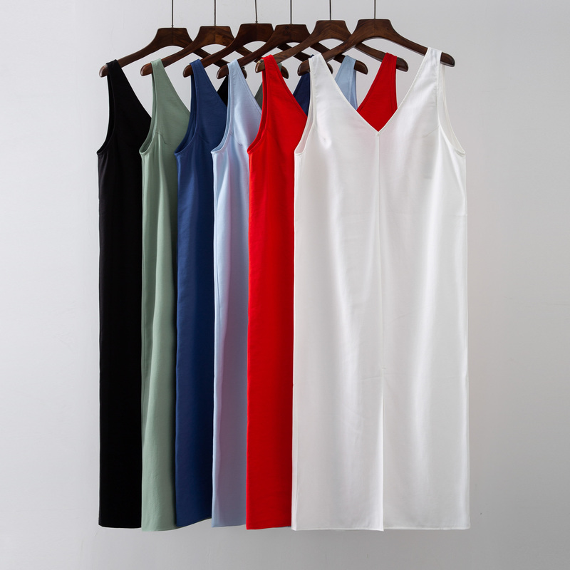

Summer Women Solid White V Neck Sleeveless Fashion Dress Split Tank Dress 220615, Black