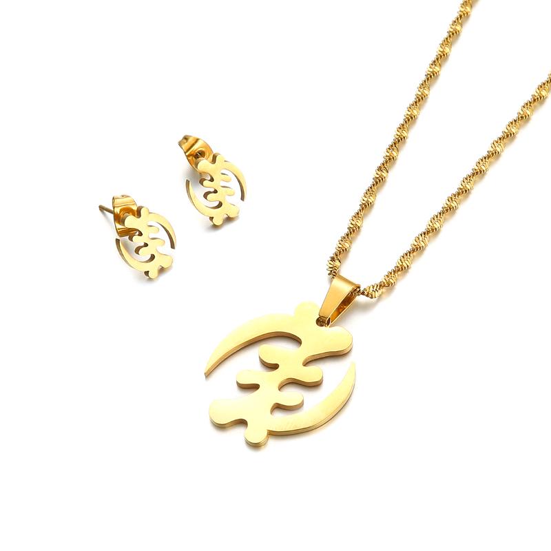 

Earrings & Necklace African Symbol Pendant Stud Gold Color Stainless Steel Adinkra Gye Nyame Ethnic Jewelry SetEarrings, As pic