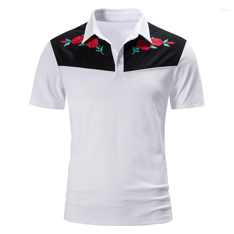 

Men's Polos Mens Summer Lapel Shirts Short Sleeve Slim Fit Breathable Rose Embroidery Outdoor Daily ShirtMen's, H71-white