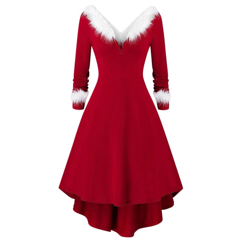 

Casual Dresses Women Christmas Long Sleeve Sexy V-neck Red Midi Swing Dress White Plush Pleated Asymmetric Party Santa Costume VestidosCasua