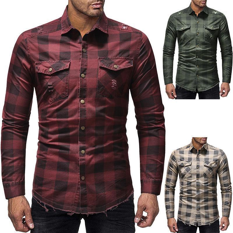 

Fashion Denim Men Long Sleeve Shirt Classic Plaid Hole Hem Free, Beige