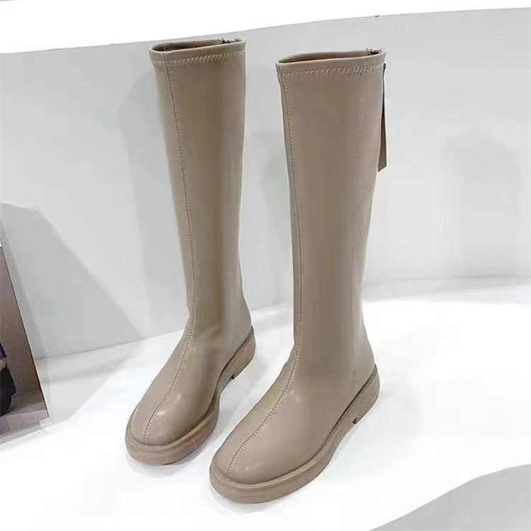 

Knee High Genuine Leather Women Boots Elegant Cute Booties Zip Spring Autumn Women Shoes Motorcycle Punk Style, Beige