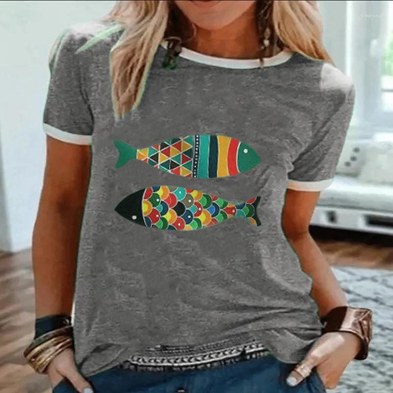 

Women' T-Shirt Splicing Fish Print T-Shirts Summer Loose Printed Oversized Round Neck Short Sleeve Tops Y2king Y2K, Gray