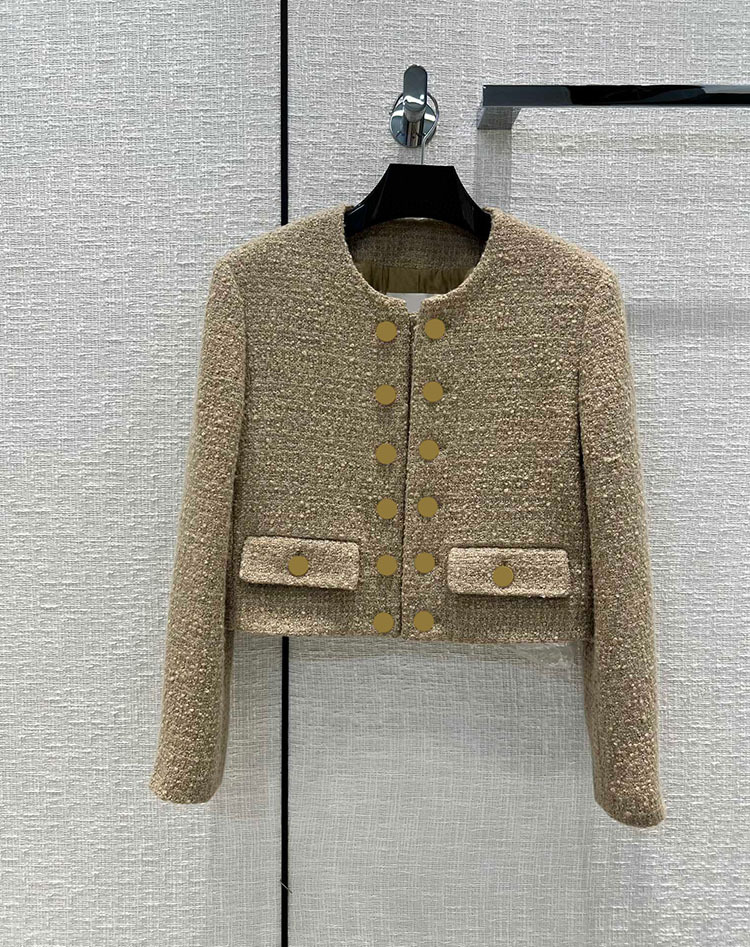 

202 2022 Spring Milan Runway Coat Tweed Jackets Long Sleeve Khaki Crew Neck High Quality Button Fashion Womens Clothes tao, Customize