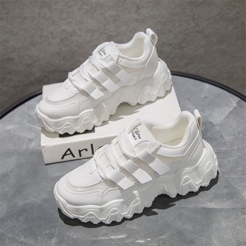 

Ulzzang Pink White Chunky Platform Sports Shoes Women Fashion Lace Up Platform Mesh PU Leather Sneakers Harajuku Korean 220616