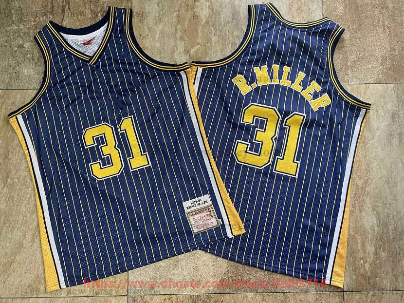 

Mitchell and Ness Authentic Embroidery Basketball Reggie 31 Miller Jerseys Retro Blue Stripe 1994-95 Real Stitched Breathable Sport High Quality Man Jersey