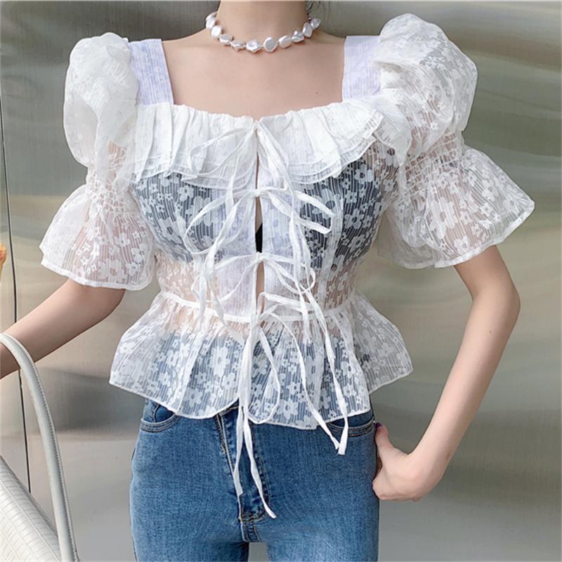

Women's Blouses & Shirts Alien Mesh Sexy Women Lace Up Slim 2022 High Street Sweet Party Mujer Summer Ruffles Puff Sleeve BlusasWomen's &Wom, White