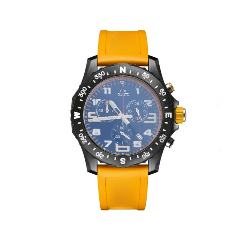 

DESIGN BLACK Case Man Watch 1884 Rubber Strap VK Quartz Movement Military Wrist watches Mutilfuctional Chronograph Big Dial Sport Stainless Steel Mens Luxury Watch, Silver case yellow strap