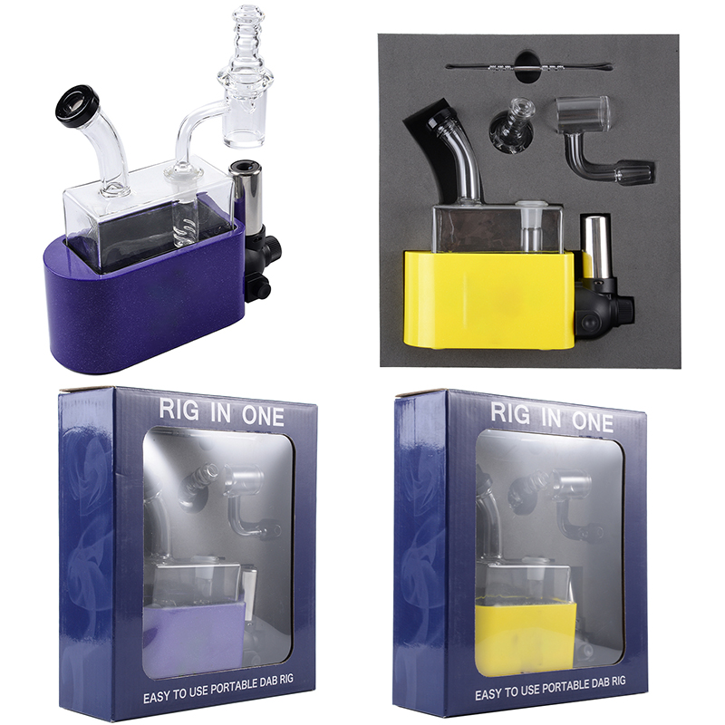 

14mm Female Joint Rig In One Yellow Purple Hookahs Glass Water Bongs Smoking Accessories Dab Oil Rigs With Torch Quarter Banger WP2235