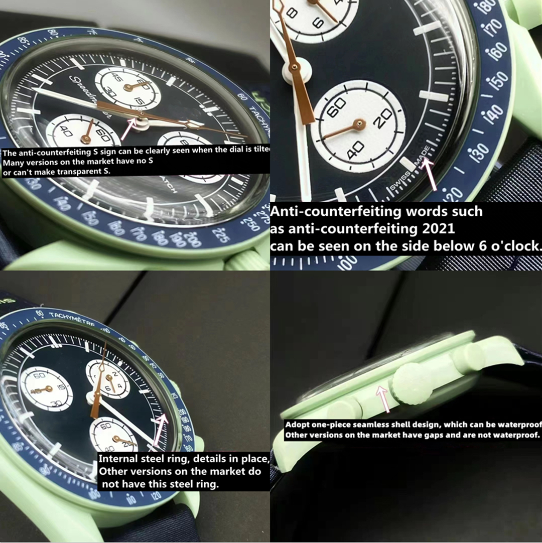 2022 new bioceramic moonswatch Swiss quqrtz chronograph mens watch details in place SO33A 100 steel ring S logo anti-counterfeiting code waterpro