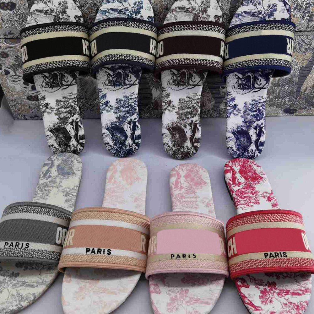Designer Striped Women Sandal Sandals Blue Scuffs Embroidery Slippers Letters Slipper Floral Slide Navy Summer Beach Sliders Flat Broca Fqrf