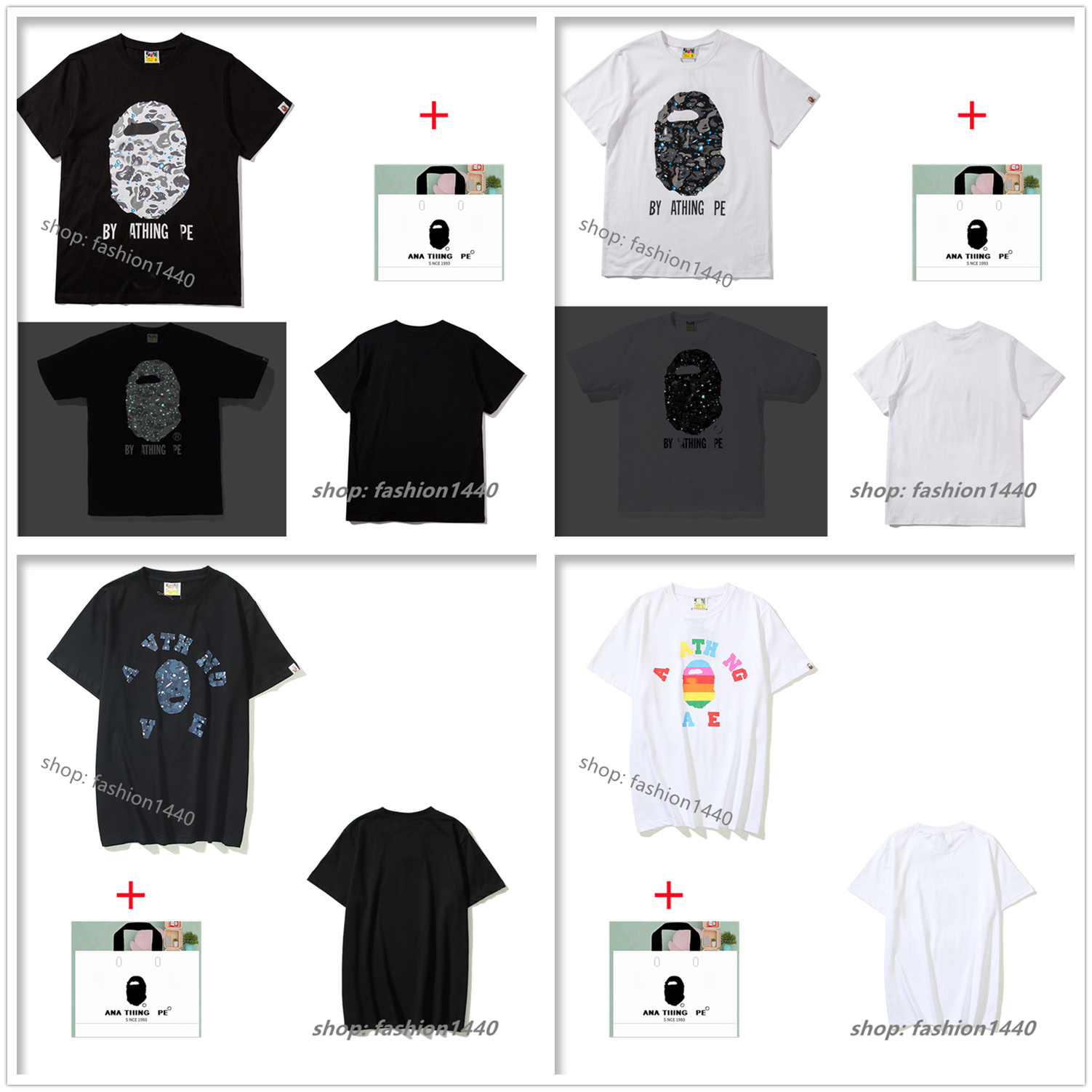 

apes Men's t shirt Japanese fashion brand women's short-sleeved T-shirt shark head fake zipper starry night light high quality printing couple cotton belt tote bag C09, 1 pcs button