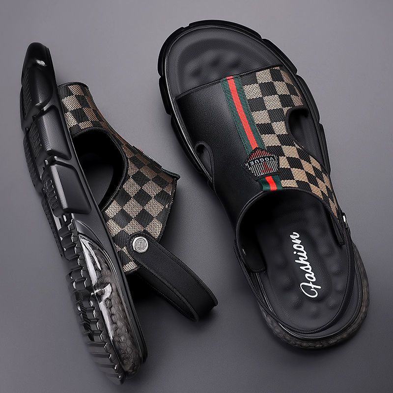 

Summer Men's Sandals Large Size 39-47 Fashion New High Quality Outer Wear Leather Non-Slip Soft Sole Personality Leisure Slippers, Grey