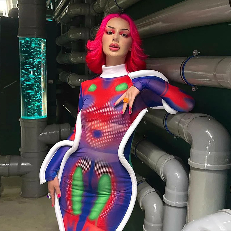 

Casual Dresses Body print tie-dye color tight half high neck long sleeve stitching cotton strip personality sense dress skirt, Contrast color