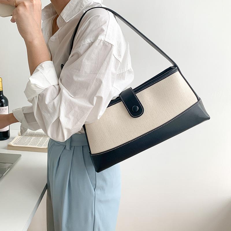 

Evening Bags Fashion Canvas Women Shoulder Bag Designer Lady Handbags Luxury Hand Pu Leather Patchwork Baguettes Casual Female Purse, Brown