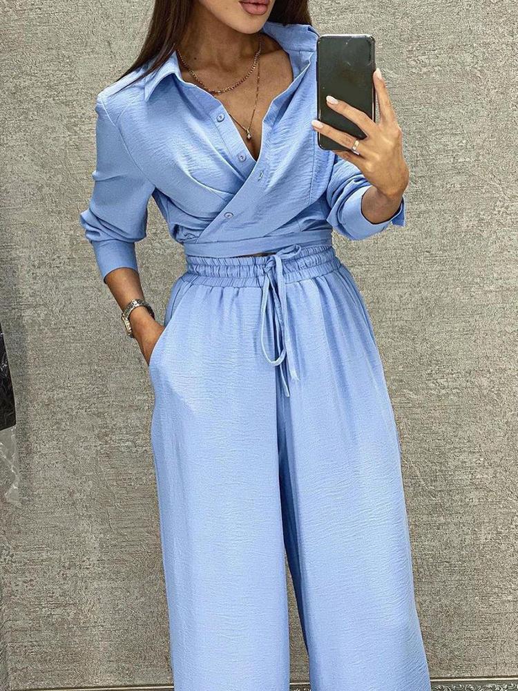 

Women' Two Piece Pants Autumn Long Sleeved Trousers Leisure Style Polyester 2022 Fashion Lapel Button Lace Up Wide Leg Suit, Blue