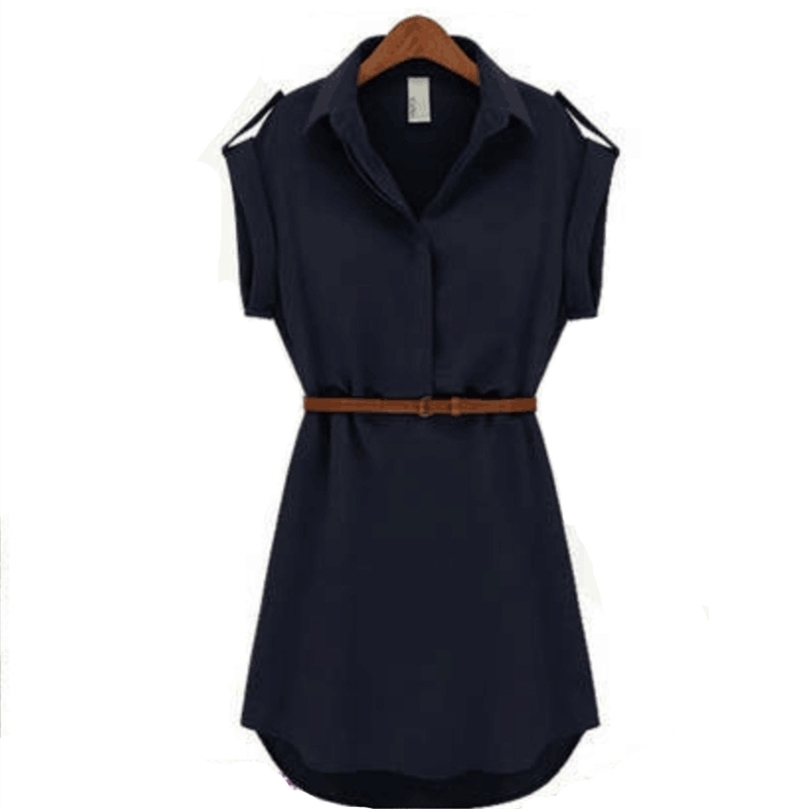 

Summer Women Shirt Dress Chiffon Short Sleeve With Belt Turn Down Collar ALine Party Mini Vneck 220527, Khaki
