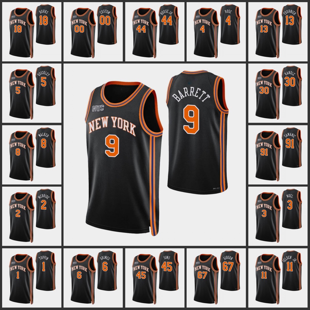 

New York Knicks''Derrick Rose Julius Randle RJ Barrett Obi Toppin Kemba Walker Elfrid Payton Custom 75th Anniversary City Black Jersey