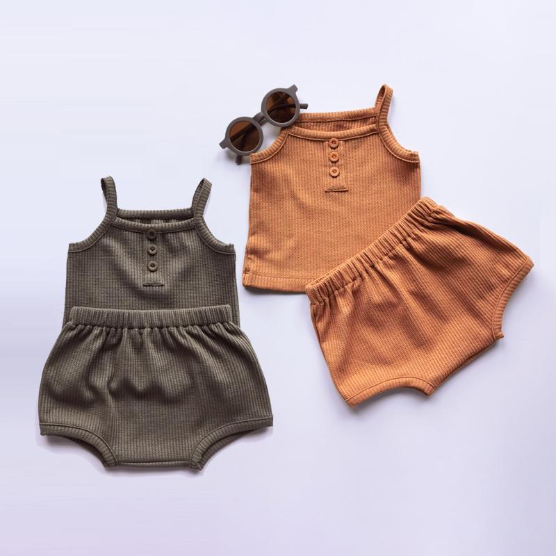 

Clothing Sets 2pcs Summer Baby Clothes Sleeveless Top And Bottom Suits For Toddler Boys Girls Solid Cotton Suit Born GirlClothing, Brown