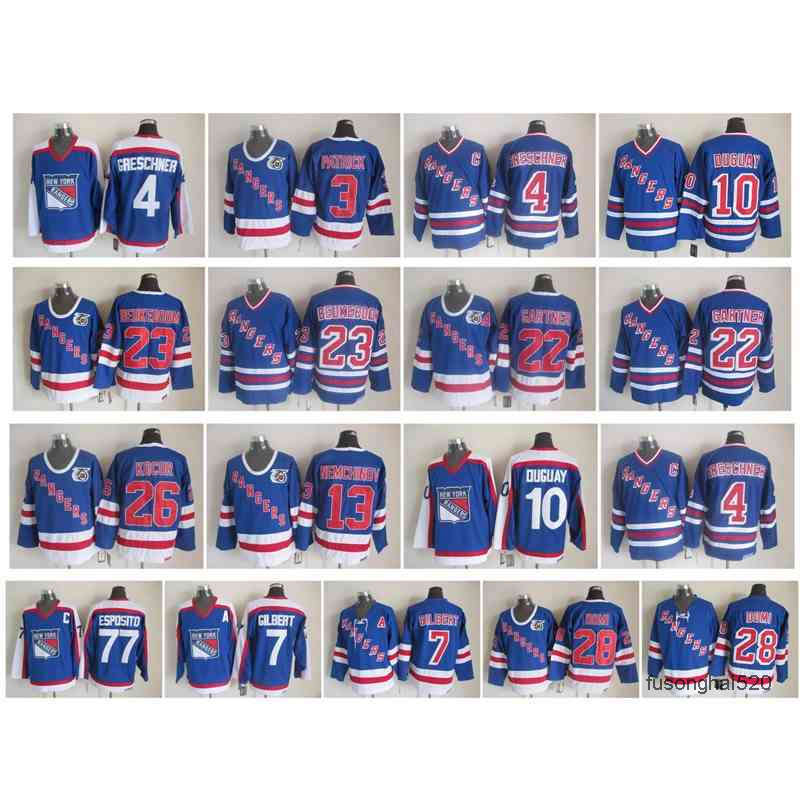 

95 Vintage New York Rangers Jersey 3 James Patrick 4 Ron Greschner 7 Rod Gilbert 10 Ron Duguay 28 Tie Dom 77 Phil Esposito Gartner Retro nhl's Jerseys, As pic