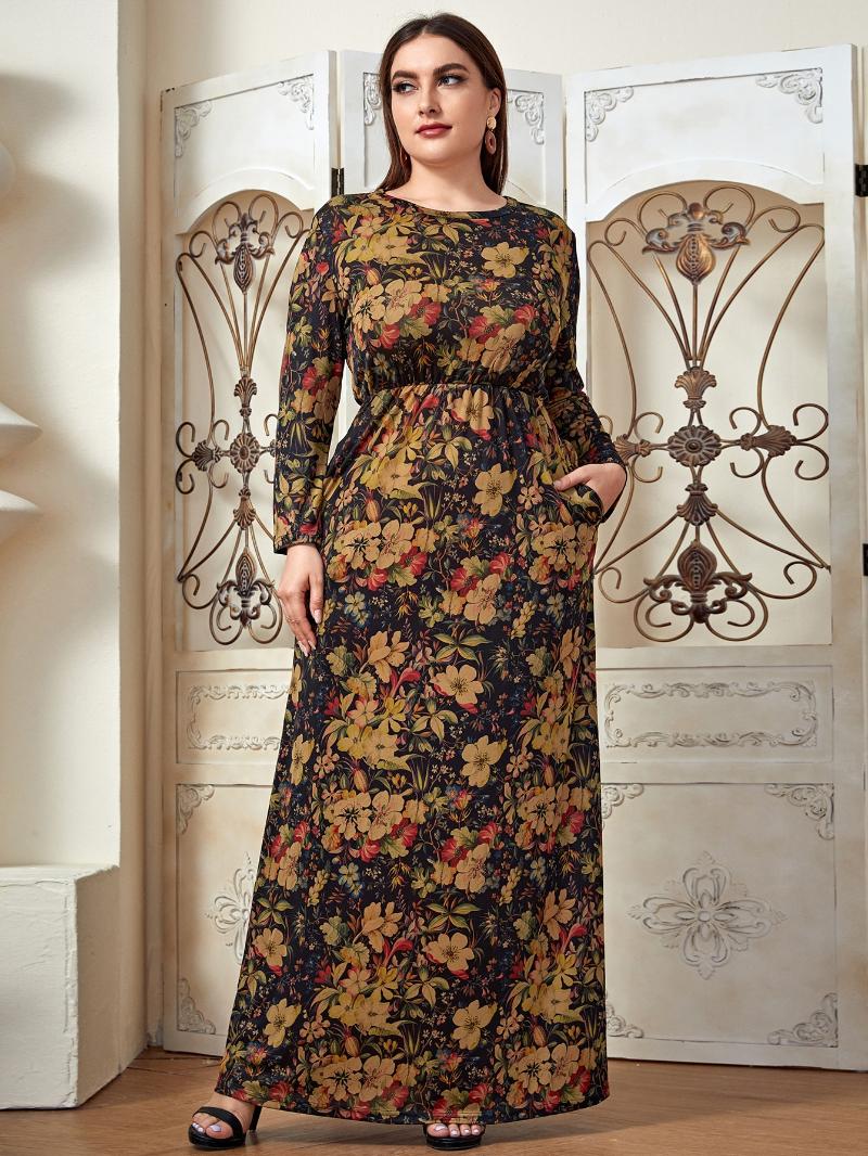

Plus Size Dresses 5XL Winter Dress 2022 Woman Long Sleeve Floral Print Casual Pockets Dubai Abaya Maxi Islamic Clothing, Khaki