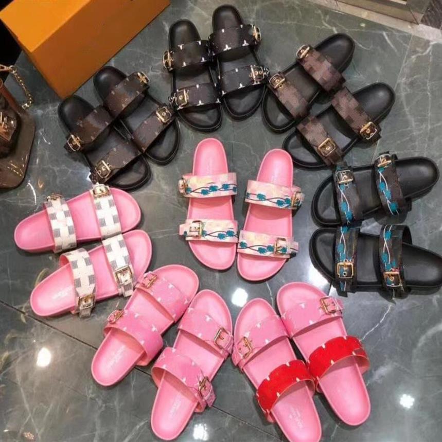 

[With box]2021 Women men Summer Sandals Cool Slippers BOM DIA FLAT MULE Designer sandal gold-tone buckles two straps slide shoes s285q, 17